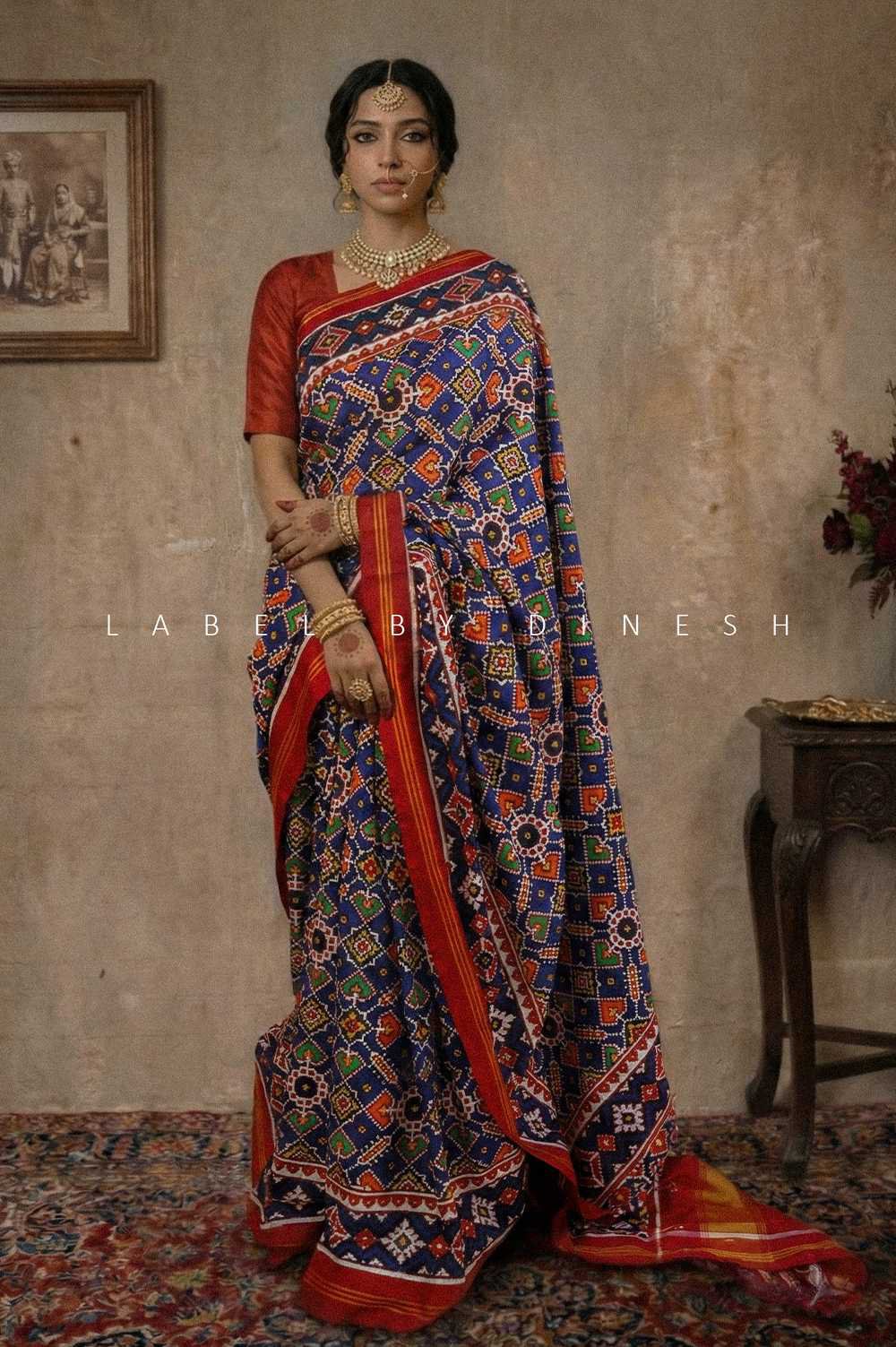 Blue Red Manek Chowk Design Patola Saree_1