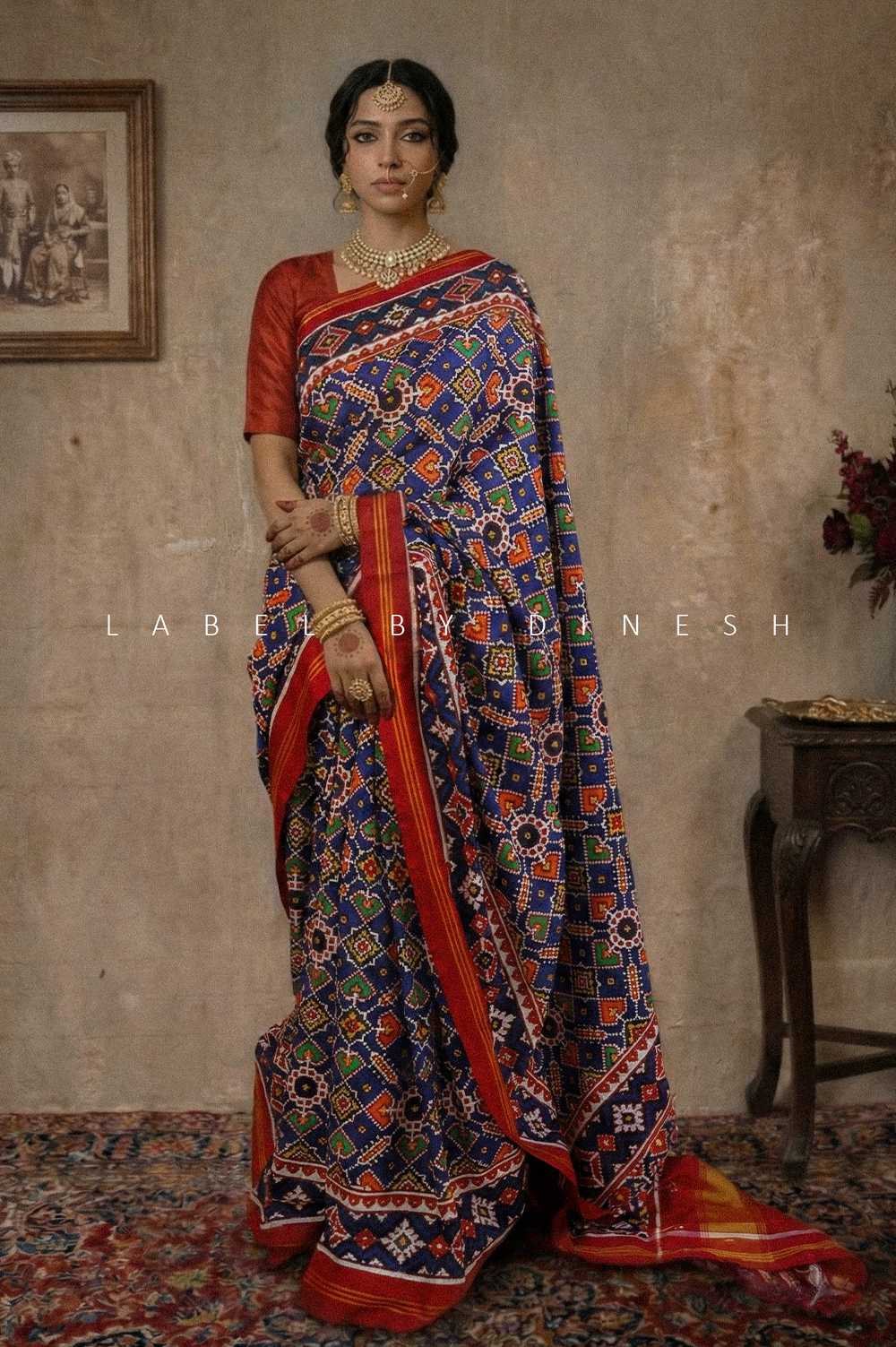 Blue Red Manek Chowk Design Patola Saree_1