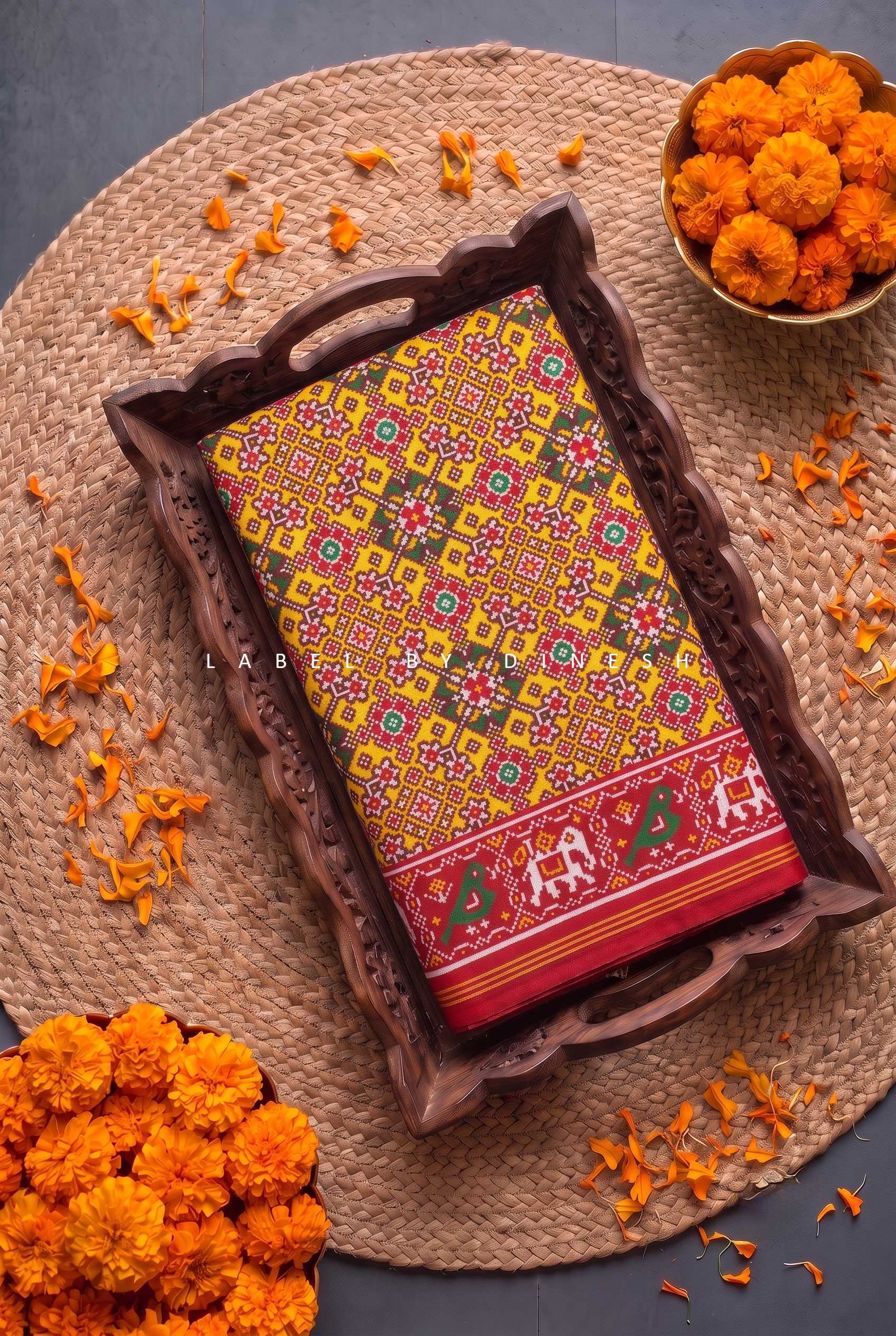 Mustard Yellow Navatna Design Patola Saree_1