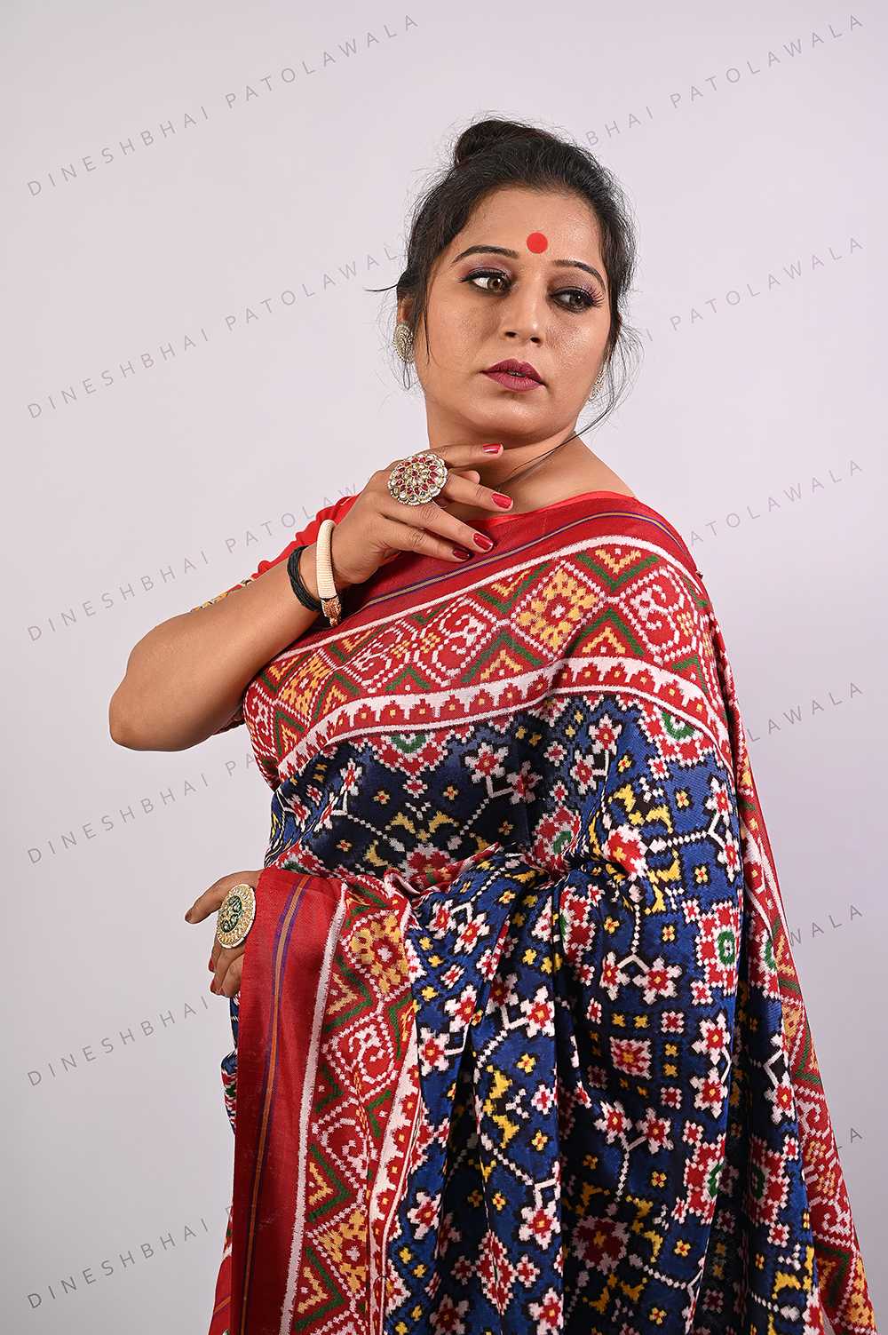 Blue Red Navratna Design Double Ikkat Patola Saree_1