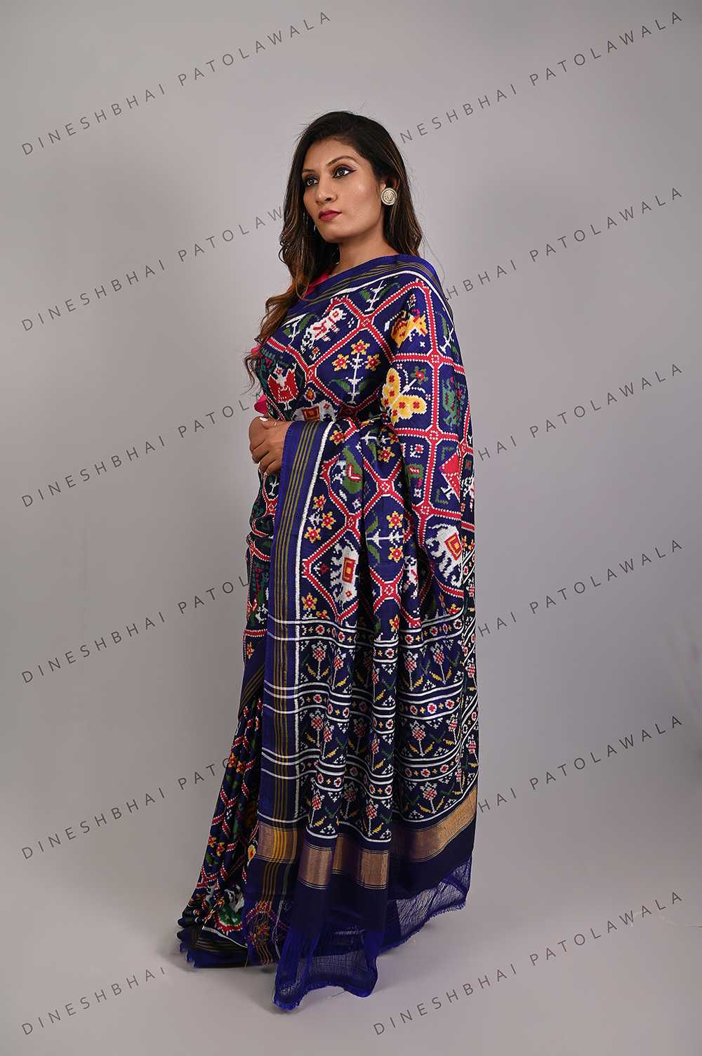Blue 9 Motif Pattern Double Ikkat Patola Saree_1