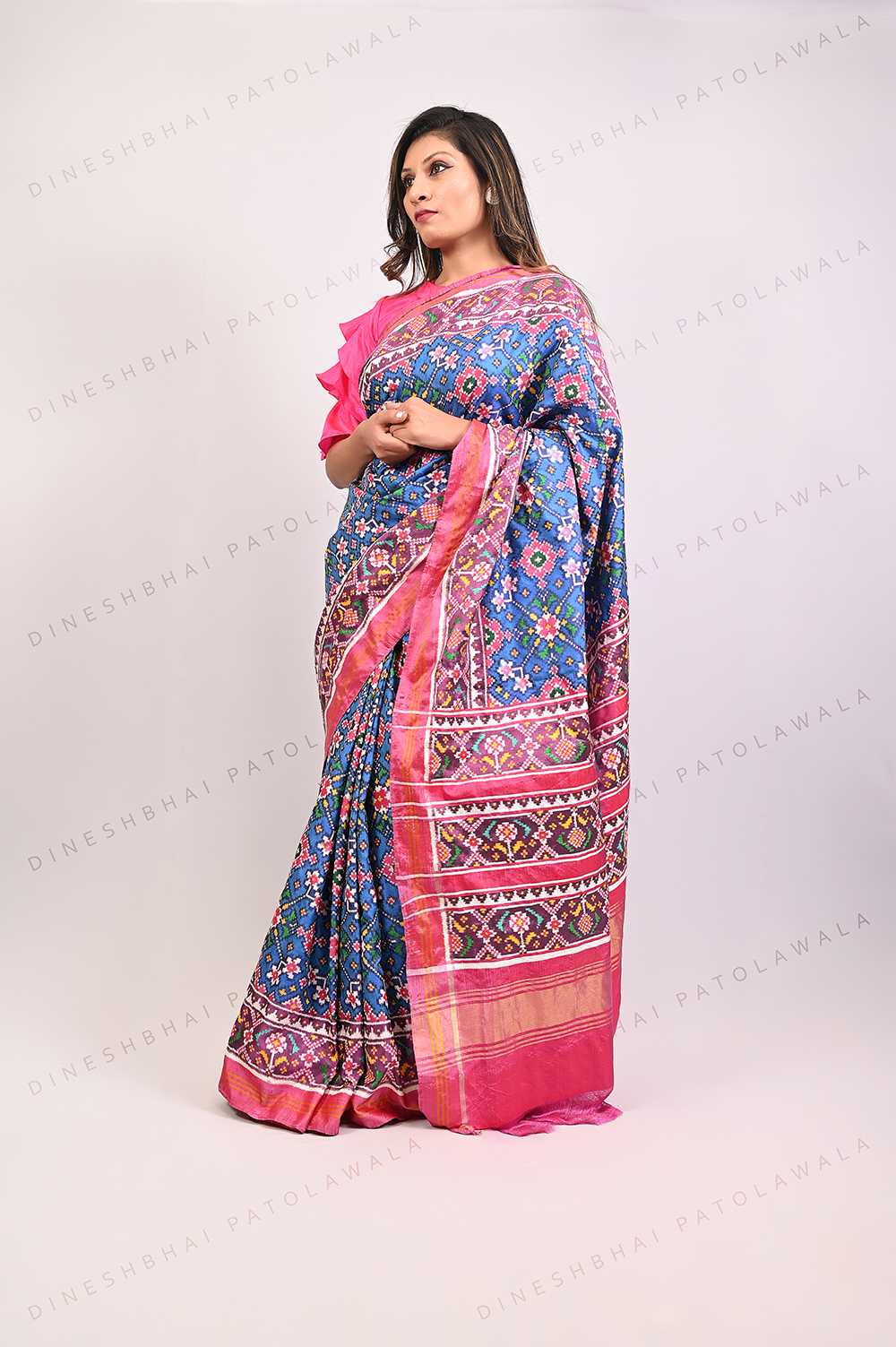 Light Blue With Pink Color Navratna Pattern Double Ikkat Patola Saree_1